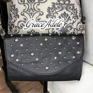 GRACE ADELE Black Studded & Rhinestone Convertible Purse
